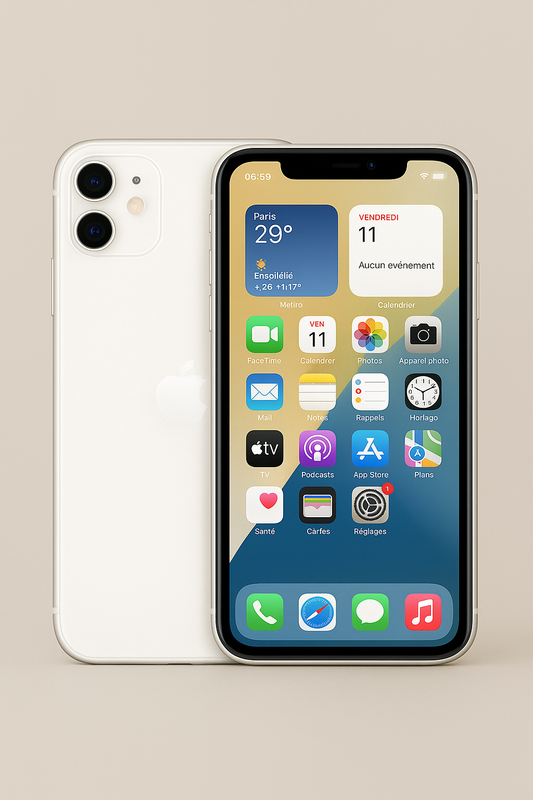 iPhone 11 Blanc 128 Go – Très Bon État | Batterie Neuve, Boîte et Câble Inclus