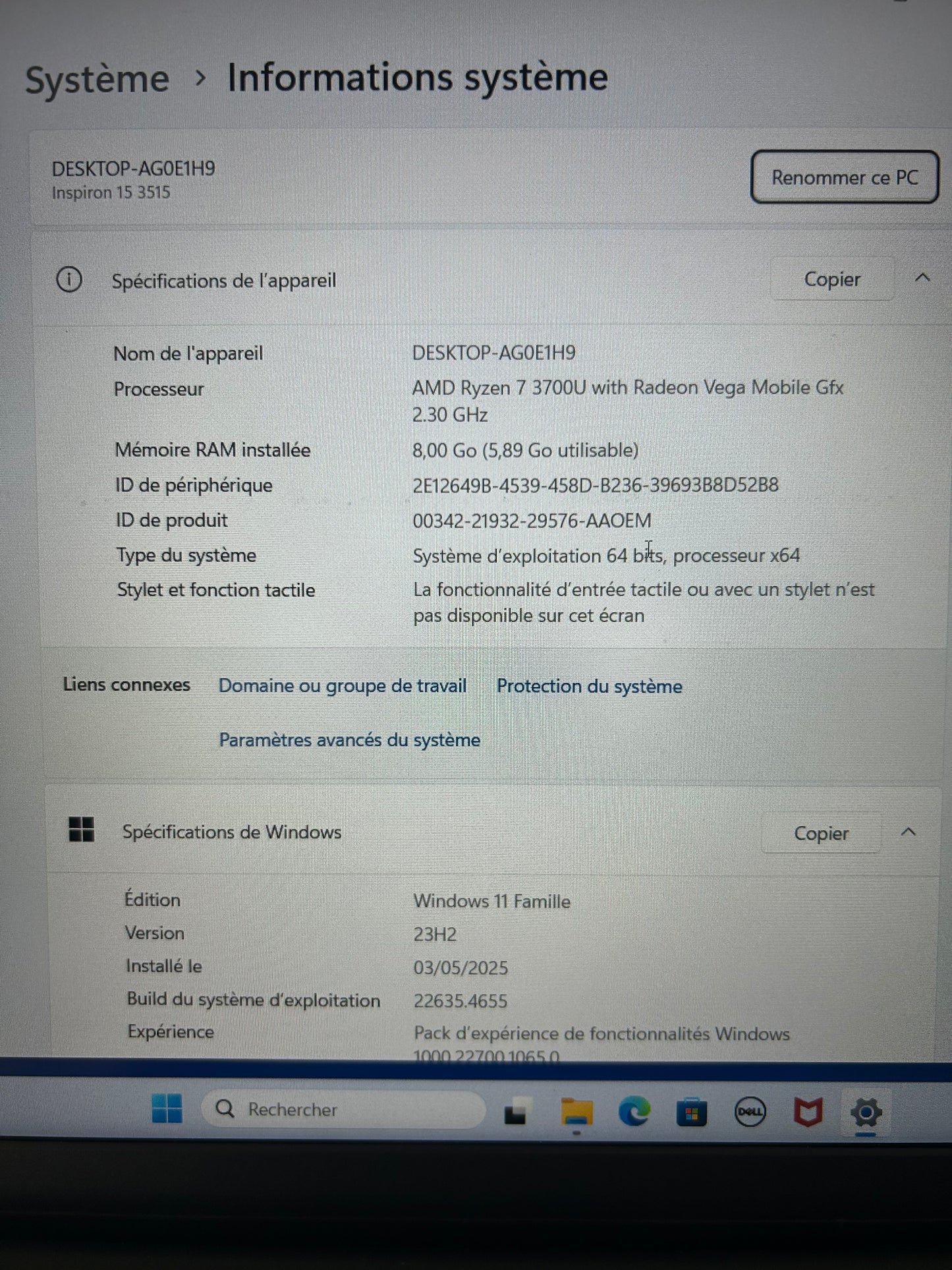 Dell Inspiron 15 3515 – Ryzen 7 3700U, 8 Go RAM, 512 Go SSD, Radeon Vega 10, Windows 11, Écran 15.6"
