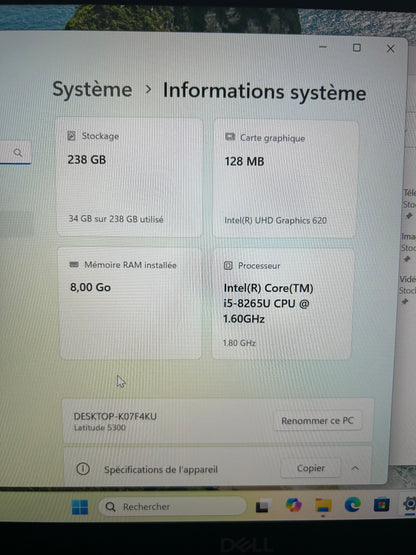 Dell Latitude 5300 - i5 8e Gen - 8Go RAM - SSD 256Go - 13,3" - Windows 11 Pro - PC Portable Occasion