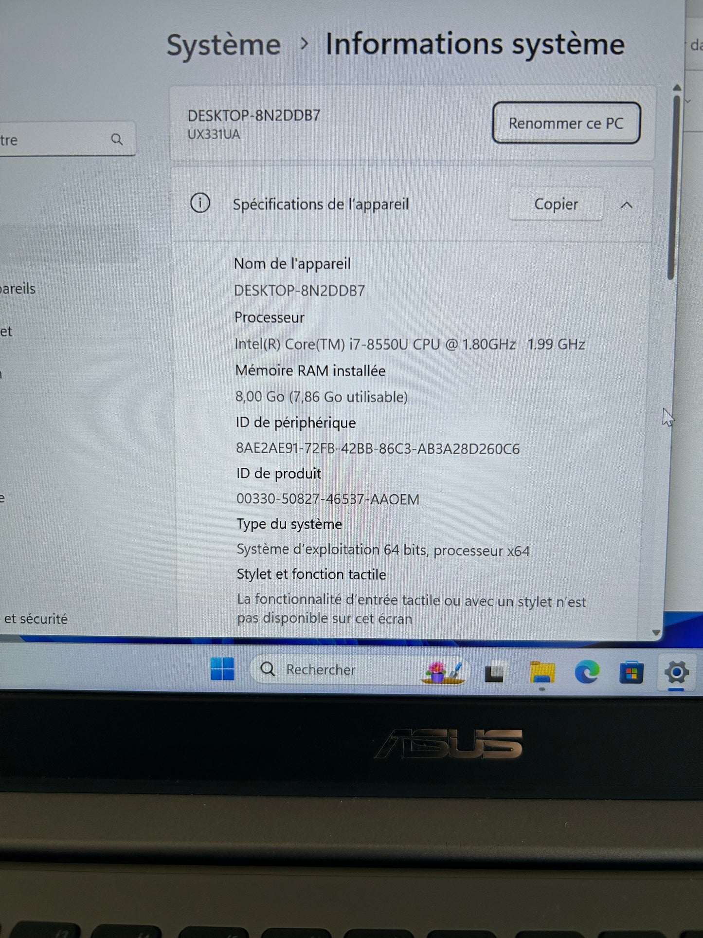 ASUS ZenBook UX331 – Core i7 8550U / 8Go RAM / 512Go SSD / Windows 11 / 13.3" – Très bon état + Batterie neuve