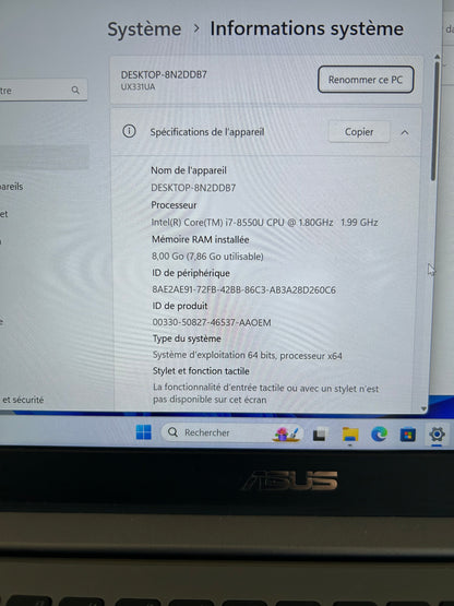 ASUS ZenBook UX331 – Core i7 8550U / 8Go RAM / 512Go SSD / Windows 11 / 13.3" – Très bon état + Batterie neuve