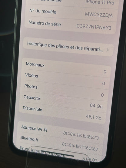 iPhone 11 Pro Argent 64 Go – Très Bon État, Débloqué, Batterie 100 %, iCloud Supprimé