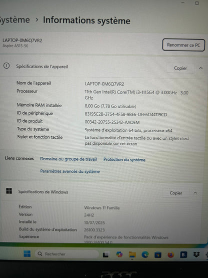 💻 Acer Aspire 5 AN515-56-3807 – PC Portable 15,6" | i3 11e Gen | SSD 512 Go | Windows 11 | Très bon état