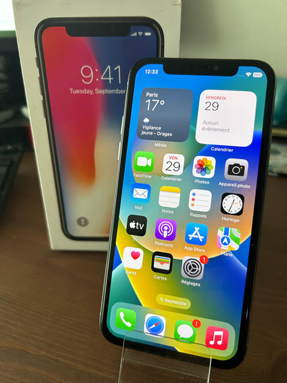 iPhone X Argent 256 Go – Très Bon État, Débloqué, Batterie 100 %, Boîte Fournie (Non d’Origine)