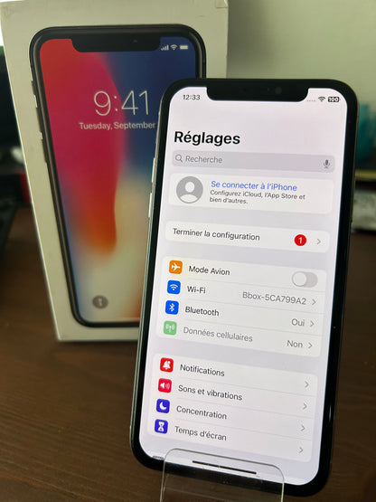 iPhone X Argent 256 Go – Très Bon État, Débloqué, Batterie 100 %, Boîte Fournie (Non d’Origine)