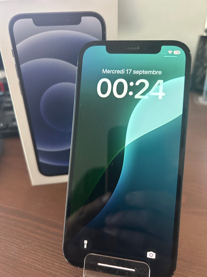 iPhone 12 Noir 128 Go – Bon État, Batterie Neuve, Débloqué, Boîte d’Origine Fournie