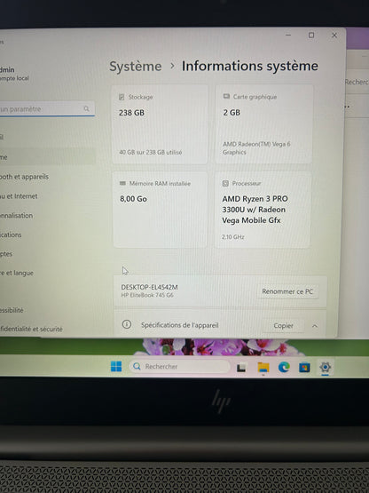 HP EliteBook 745 G6 – Ryzen 3 Pro 3300U / 8 Go RAM / 256 Go SSD / Radeon Vega 6 / Windows 11 Pro – Très bon état